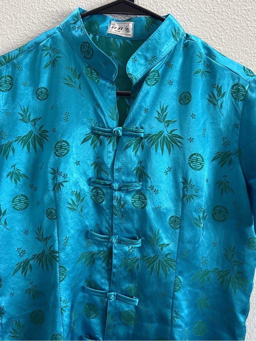 100% Silk Vietnamese Cheongsam Style Tunic Top Teal Blue Bamboo Print Size L - Picture 3 of 6